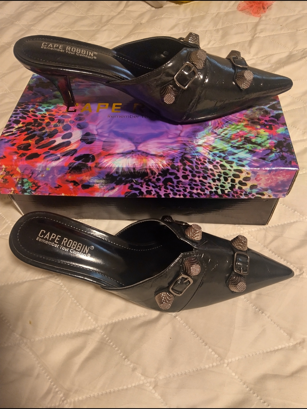 Cape Robbin Black Patent Pointed-Toe Mule Heels with Buckle Accents